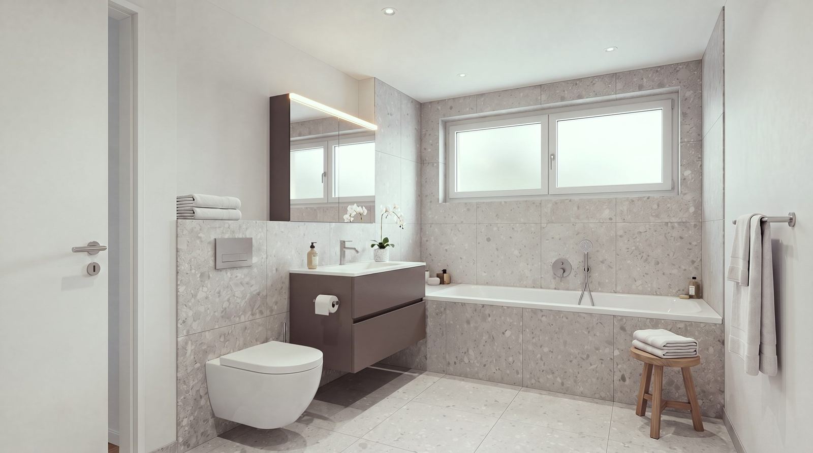 Bad mit Badewanne, Waschtisch, Spiegelschrank und keramischen Platten (Visualisierung)
