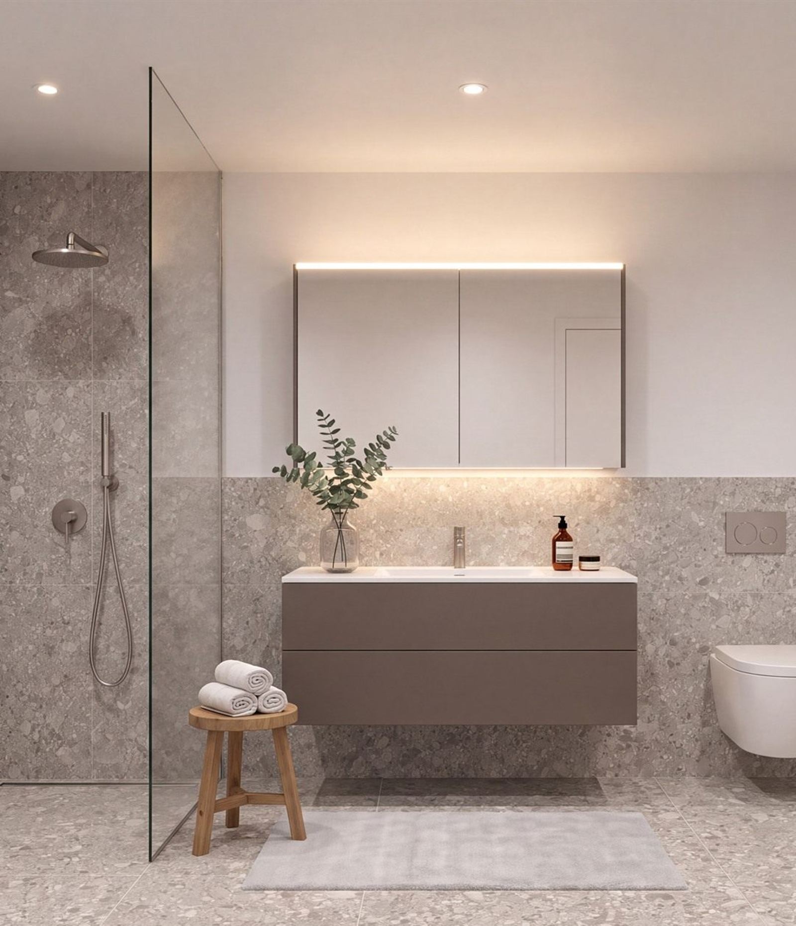 Bad mit Badmöbel in Mokkabraun, Spiegelschrank und Dusche (Visualisierung)