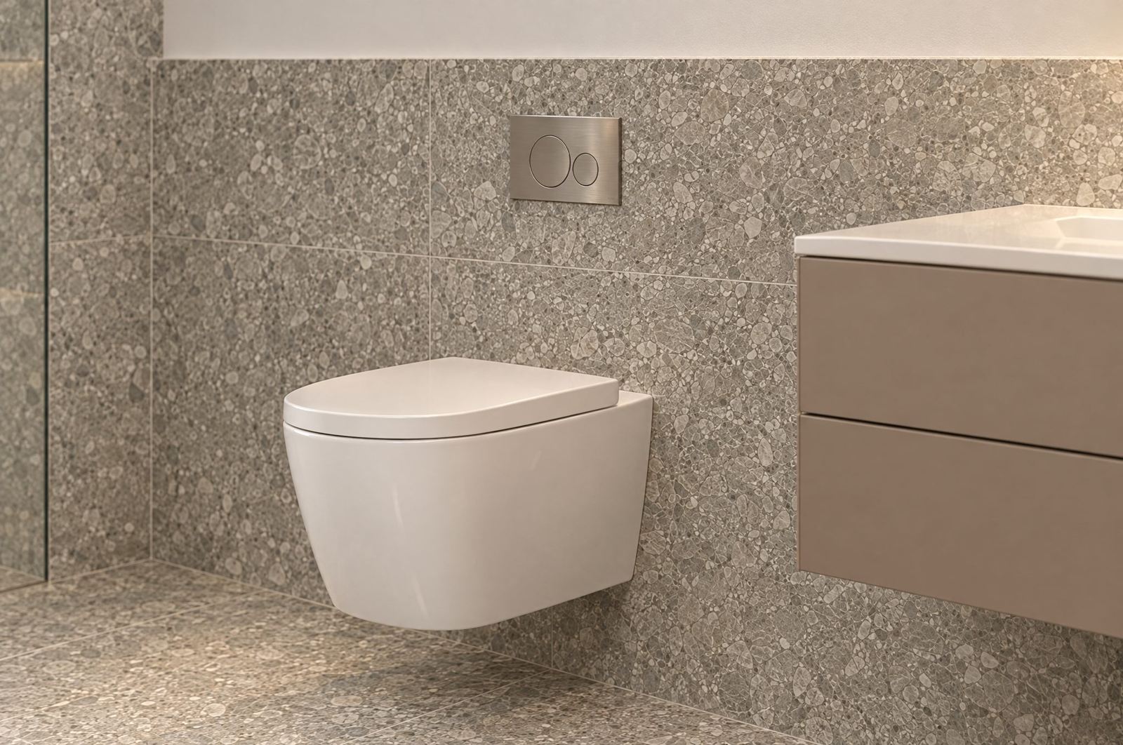 Wandhängendes WC vor keramischen Platten (Visualisierung)