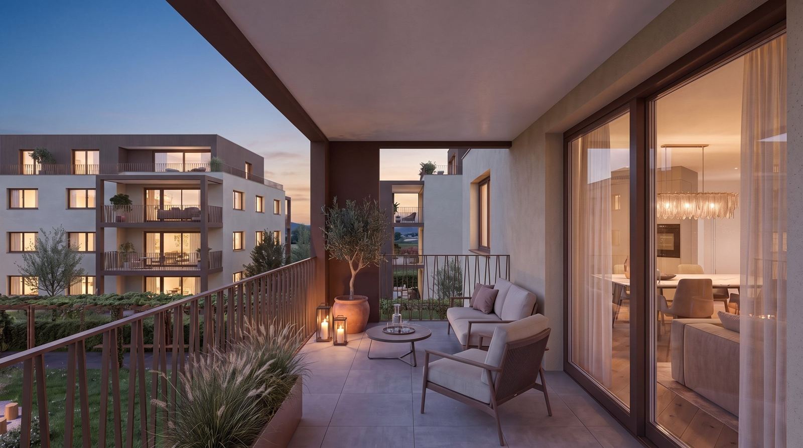 Balkon in der Abenddämmerung mit Blick auf die Nachbarhäuser (Visualisierung)