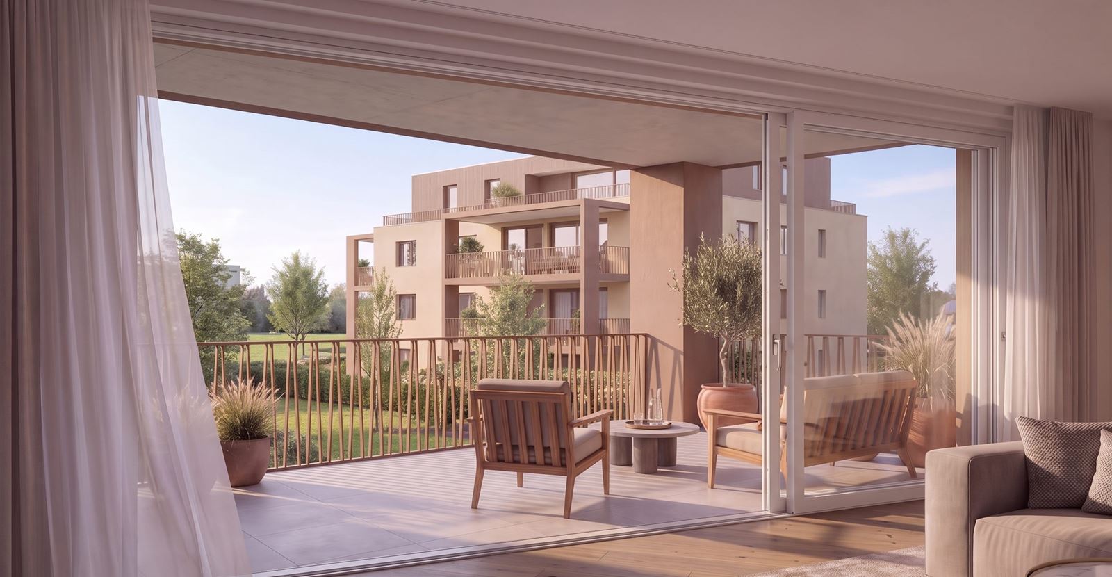 Blick vom Wohnzimmer auf den Balkon einer Mietwohnung im Seetalbrunnen Schafisheim (Visualisierung)