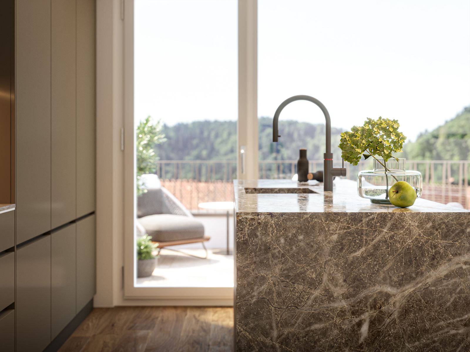 Küche einer Attikawohnung im Seetalbrunnen mit Natursteinabdeckung