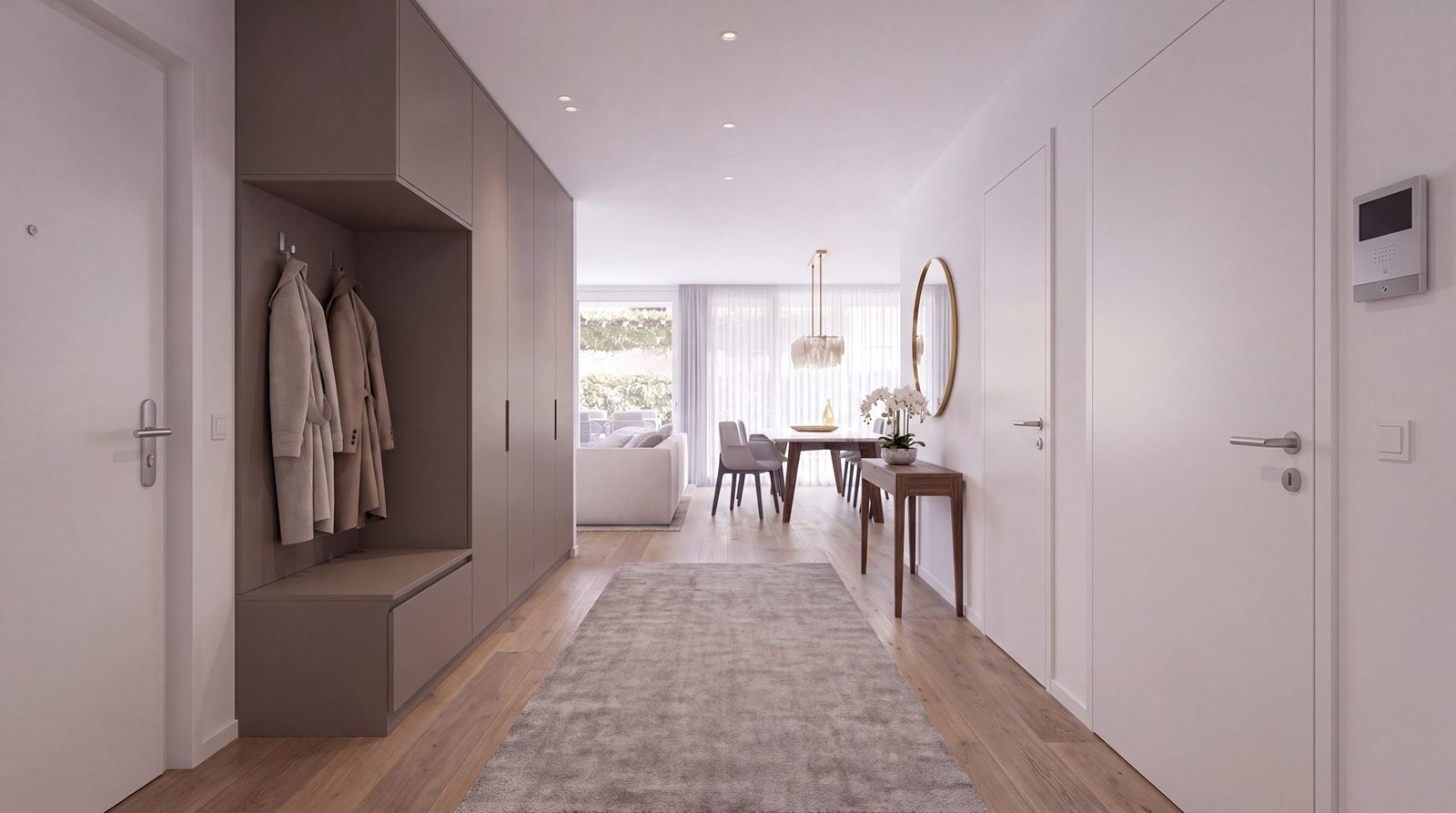 Entrée einer Mietwohnung mit Einbaugarderobe und Video-Gegensprechanlage (Visualisierung)