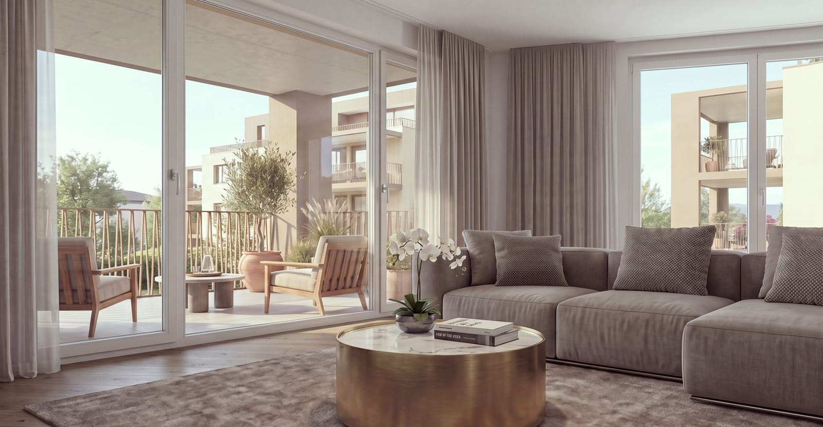 Wohnbereich mit Ecksofa und Ausgang zum Balkon (Visualisierung)