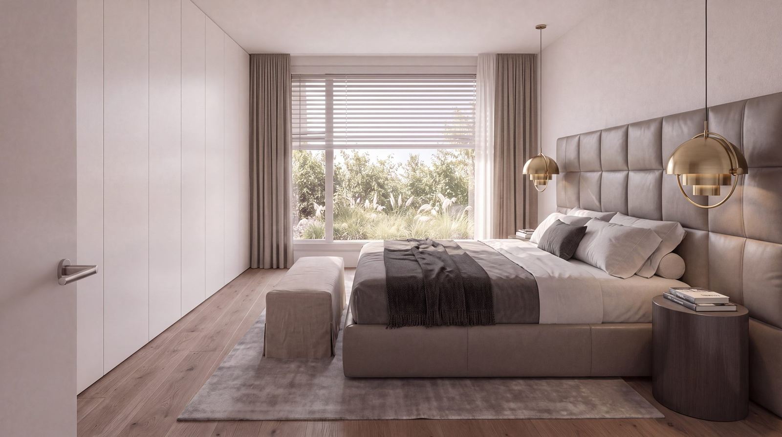 Schlafzimmer mit Einbauschrank und Eichenparkett (Visualisierung)