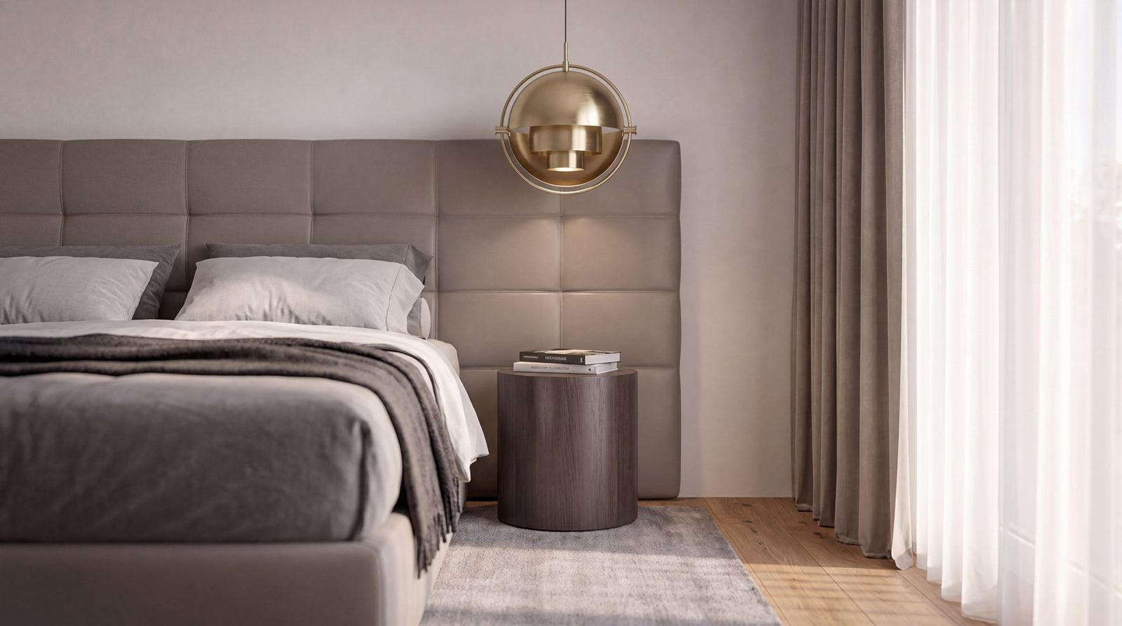 Schlafzimmer im Detail mit Eichenparkett und Vorhängen (Visualisierung)