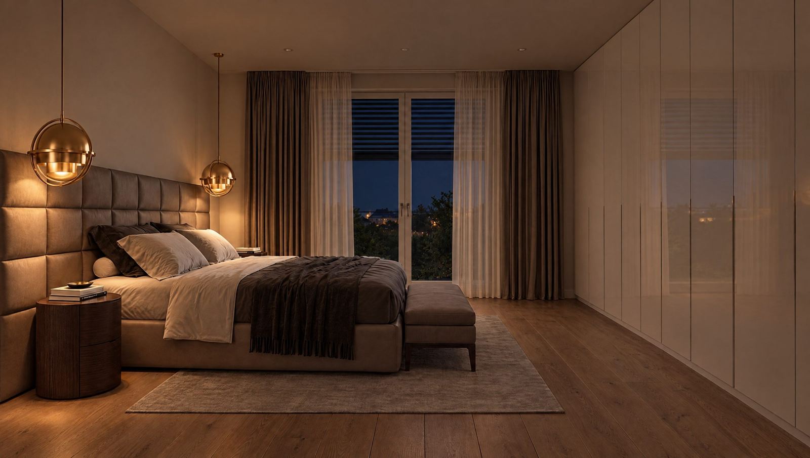 Schlafzimmer bei Nacht mit warmem Licht (Visualisierung)