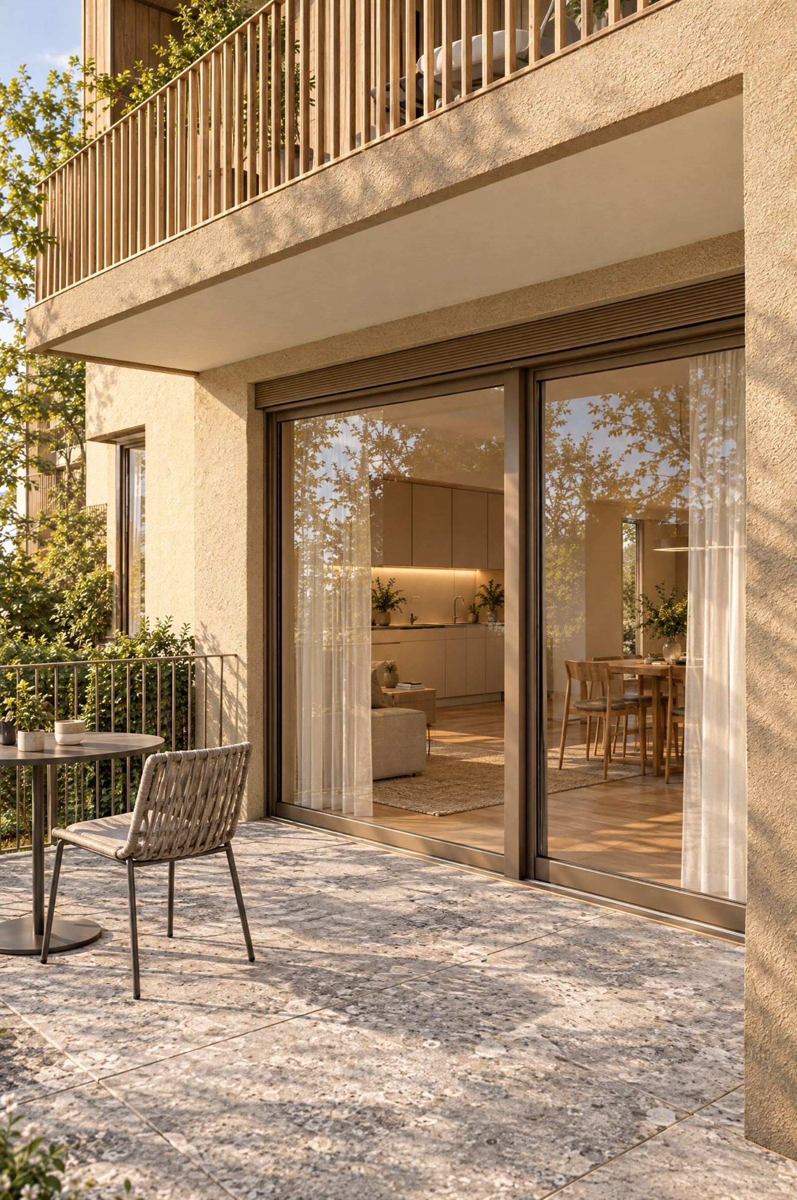 Sitzplatz im Erdgeschoss mit Hebeschiebetüre und Balkon darüber (Visualisierung)