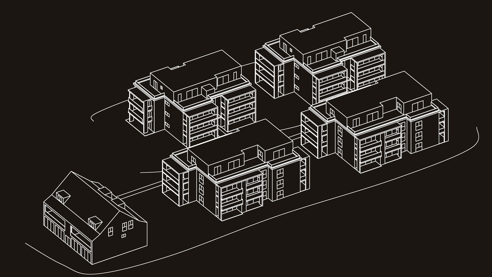 Zeichnung der fünf Häuser A bis E des Seetalbrunnen: Haus A mit Satteldach und Lukarnen, Häuser B bis E mit Balkonen und Attikageschoss