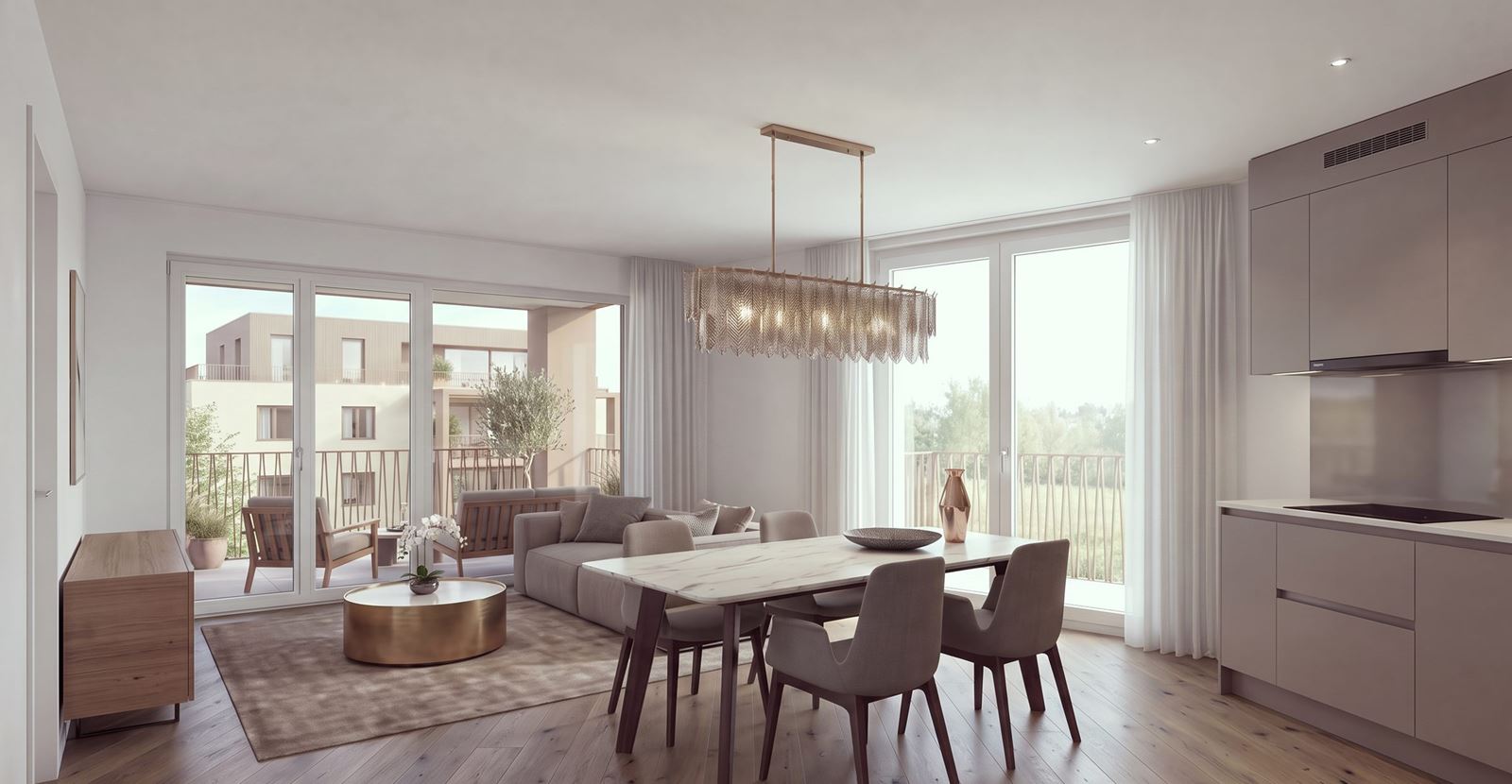Wohnzimmer mit Essbereich, offener Küche und Balkon (Visualisierung)