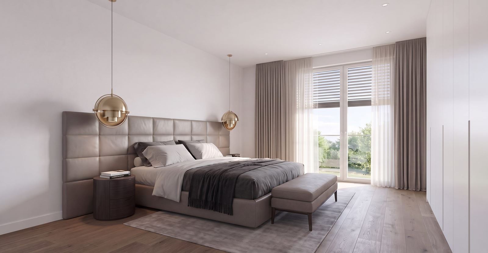 Schlafzimmer mit grossem Fenster und Eichenparkett (Visualisierung)