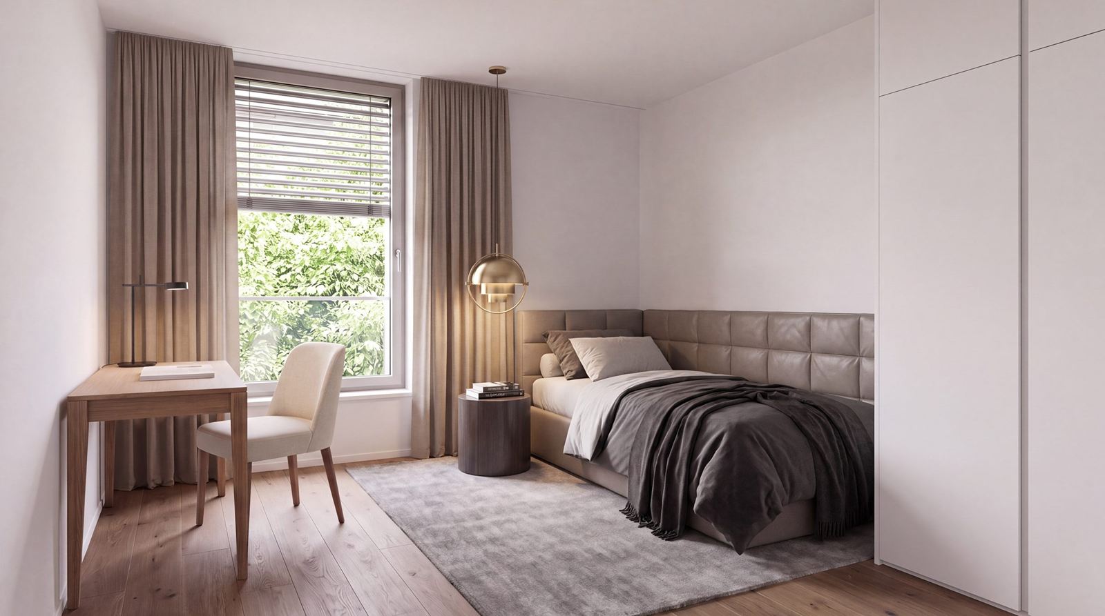 Zimmer mit Bett und Schreibtisch, geeignet als Kinder- oder Arbeitszimmer (Visualisierung)